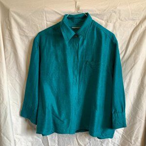 Turquoise raw silk 3/4 sleeved blouse, size L